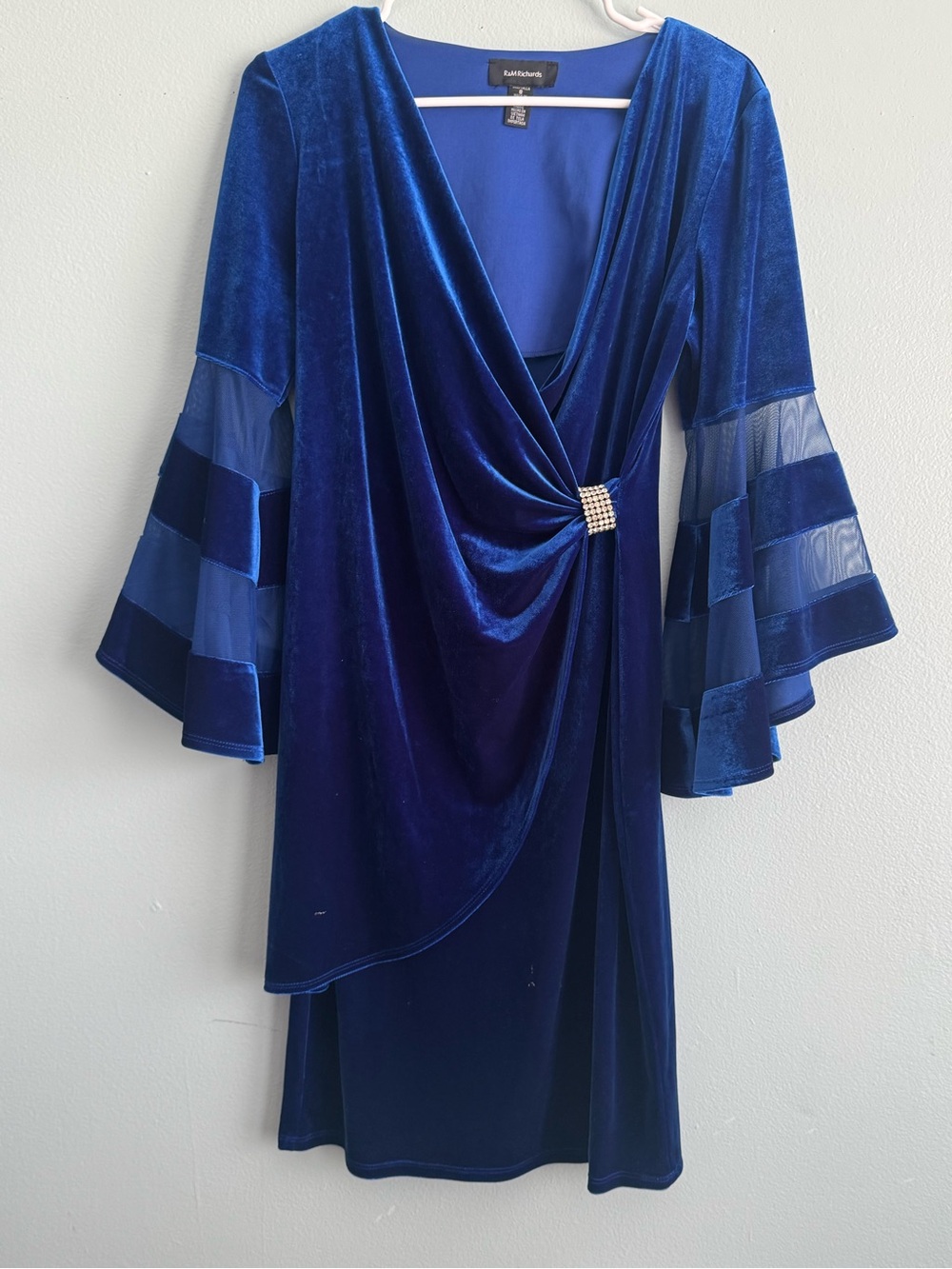 R&M Richards Cobalt Blue Velvet Wrap Dress with Rhinestone Brooch